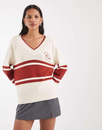 GANT Maglione oversize in cotone color panna e rosso con scollo a V-Bianco