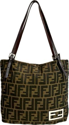 Fendi Black Brown Canvas Leather Handbag Shoulder Bag Tote Bag (Pre-Owned)
