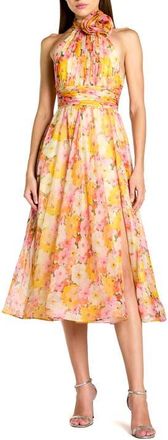 Mac Duggal Printed Chiffon Mock Neck Sleeveless Midi Dress in Yellow Multi at Nordstrom, Size 12