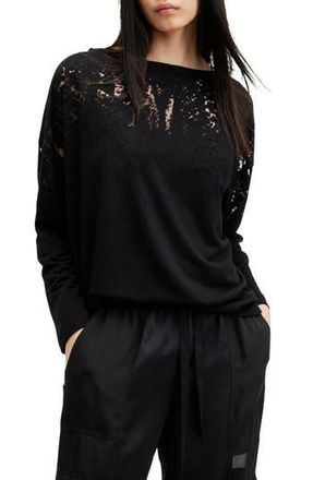 AllSaints Rita Lace Inset Long Sleeve T-Shirt in Black at Nordstrom Rack, Size Medium