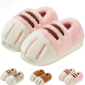 Generic Cute Kitten Pattern Plush Slippers, Soft & Cushioned Cat Paw Slippers for Women, Kids (Pink, UK, Adult, Women, 5.5, Numeric Range, UK Footwear Size Sy
