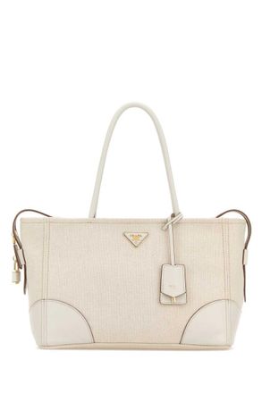 Prada Tan/Chalk White Logo Large Tote