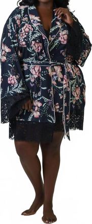 Kilo Brava Satin & Lace Long Sleeve Short Robe - Plus In Navy