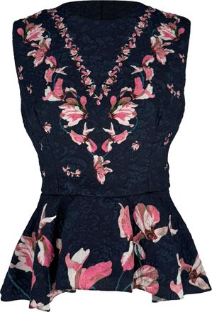 Erdem Erdem Lace Floral Print Peplum Blouse in Navy Blue Polyester