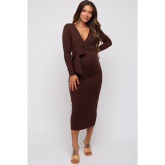 Pinkblush Blue Ribbed Long Sleeve Maternity Wrap Dress in Brown at Nordstrom, Size Medium