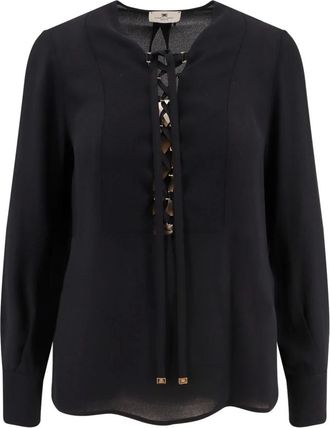 Elisabetta Franchi Deep Neckline Viscose Shirt with Laces - female - Elisabetta Franchi - Blouses - Black - XL - Blouses & Shirts