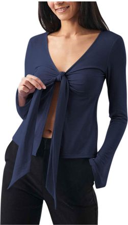 Generic Long Sleeve Tops for Women Sexy Deep V-Neck Slit T-Shirts Trendy Fall Casual Slim-Fit Pullover Top Y2k Bow Tie Knot Front Ruched Blouse Party Going Ou