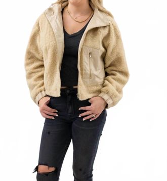 HYFVE Faux Leather Collar Sherpa Crop Jacket In Oatmeal