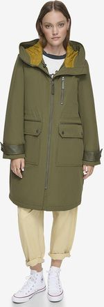 Andrew Marc Womens Gemas Lightweight Parka With Matte Shell And Faux Leather Details