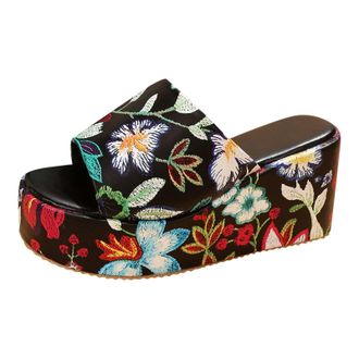 Generic Womens Leather Open Slippers, Womens Summer Platform, Non-Slip Thick Sole, Wedge Heel, Beach Shoes, Spring Sandals, Platform, High Heel, Floral Print,