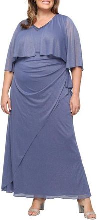 S.L. Fashions Glitter Mesh Gown with Mock Jacket in Dusty Blue at Nordstrom, Size 22W