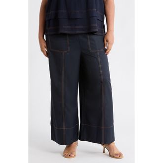 Adrianna Papell Topstitched Wide Leg Pull-On Pants in Navy/Khaki at Nordstrom Rack, Size 2 X