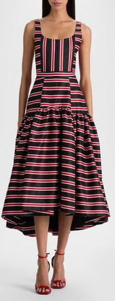 Alice & Olivia Diana Directional Stripe Structured Cotton Blend Dress in Teakwood Stripe Large Black at Nordstrom, Size 12