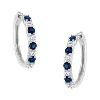 House of Brilliance 10K White Gold 2.5MM Sapphire Gemstone and 1/2 Cttw Diamond Hoop Earrings in Blue Sapphire at Nordstrom