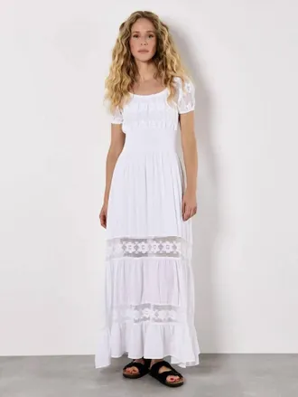 Apricot Floral Lace Milkmaid Maxi Dress In White