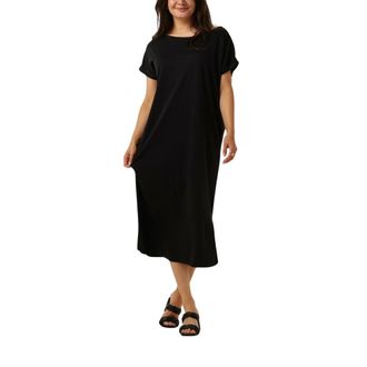 Minus Kleedjes, Dames, Zwart, XS, Boat Neck Short Sleeve Midi Jurk