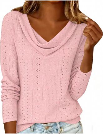 Generic Ladies Elegant Tops UK 2026 Fashion Long Sleeve Cowl Neck Shirts Spring Summer Sexy Hollow Out Eyelet Blouse Dressy Casual Solid Color Loose Fit T-Shi