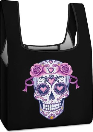 Generic Skull Breast Cancer Awareness Ribbon Shopping Bag Reusable Grocery Tote Bag Foldable Handbag for Travel Picnic