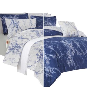 Elegant Comfort Reversible 10-Piece Marble Print Comforter Set, Includes 6-Piece Sheet Set with Double Sided Storage Pockets
