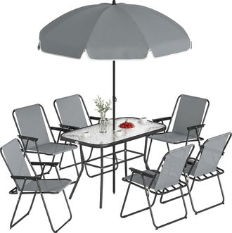 OUTSUNNY Conjunto De Mesa Y Sillas Jard&iacute;n De 8 Piezas, Muebles De Jard&iacute;n Exterior Con Sombrilla, 6 Sillas Plegables, Mesa De Vidrio Templado, Gris