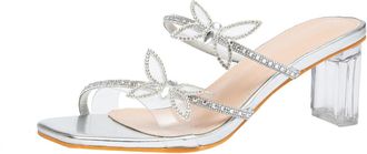 Generic Heel Sandals for Women Butterfly design Sexy Open Toe Rhinestones High Heels 6CM Transparent chunky heel Party Dress Pumps (10.5)