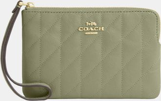 Coach Womens Corner Zip Wristlet With Quilting - Green Leather - One Size