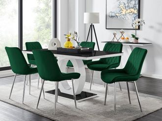 Furniturebox Giovani Rectangular 6 Seat White High Gloss Unique Halo Base Dining Table Black Glass Top 6 Soft Velvet Silver Leg Pesaro Chairs