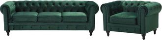 Beliani Conjunto De Sof&aacute;s Chesterfield Tapizado En Terciopelo Verde Patas De Madera Oscura Sof&aacute; 3 Plazas + Sill&oacute;n Estilo Cl&aacute;sico Chesterfield