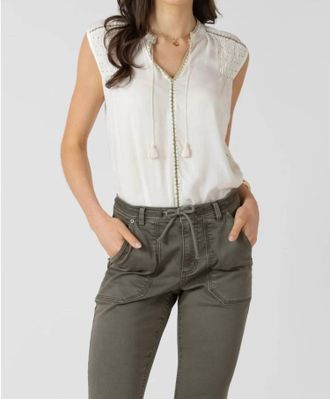 Dex Clothing Beaded Trim Blouse In Ecru/pistachio