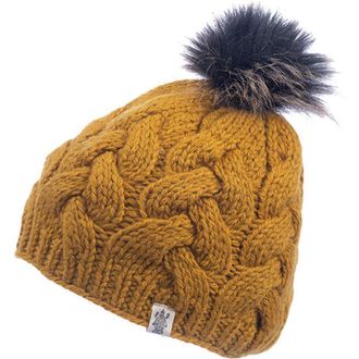 Nirvanna Designs Boheme Cable Beanie w/ Faux Fur Pom in Honey at Nordstrom, Size Medium/large
