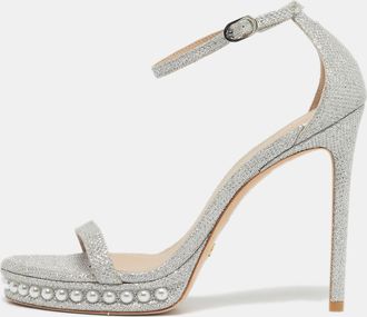 Stuart Weitzman Silver Glitter Nudist Ankle Strap Sandals
