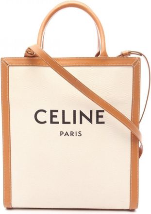 Celine Brown Ivory Canvas Leather Handbag Tote Bag (Pre-Owned)