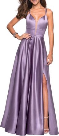 La Femme Long Satin Formal Gown with Leg Slit and Strappy Back in Lavender/gray at Nordstrom, Size 10