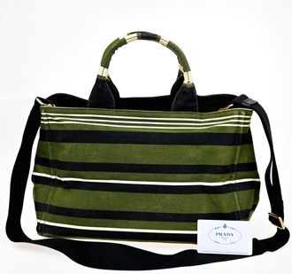 Prada Canapa Open Tote Canvas Green Canvas Handbag (Pre-Owned)
