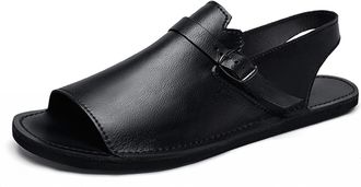 Generic Mens Genuine Leather Flat Slides Sandals Classic Open Toe Slip On Non Slip Outdoor Casual Slippers Summer Lightweight Beach Sandals (Black,11.5)