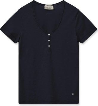 Mos Mosh Navy Salute Basic Tee met V-hals - Dames - T-shirts - Blauw - S - Katoen - Tops