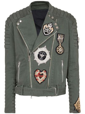 Balmain embroidered-patch biker jacket - men - Cotton/Cotton - 58 - Green