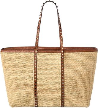 Valentino Rockstud Straw & Leather Tote
