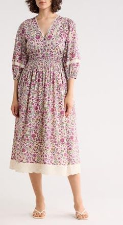 Maisie Floral Smocked Waist Midi Dress in Ivory/Pink Flower at Nordstrom Rack, Size X-Small