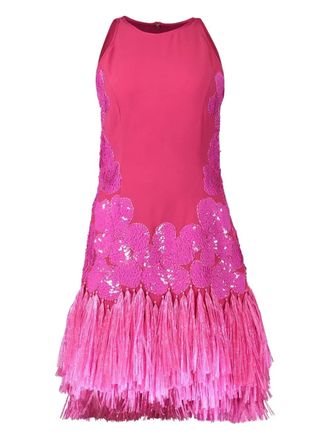 Naeem Khan sequin-embellished fringed mini dress - women - Wool/Raffia - 6 - Pink
