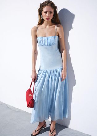 Mango Abito lino increspato celeste - Donna - XS - MANGO