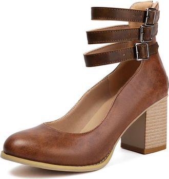 Generic Womens Triple Buckle Ankle Strap Block Heel Suede Round Toe Pumps Adjustable Straps Durable Sole Comfortable Supportive Shoes,Brown,6.5 UK