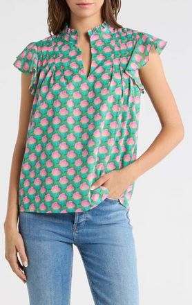 Sugarlips Zury Floral Everly Split Neck Stretch Cotton Top in Coral-Multi at Nordstrom, Size X-Small
