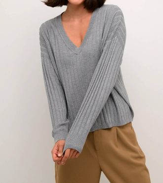 Kaffe Kalola V-Neck Striped Loose Fit Pullover In Grey Melange