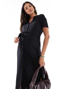 Vero Moda midi shirt dress with tie waist in black