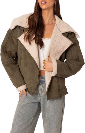Edikted Oversize Faux Shearling & Faux Suede Jacket in Olive at Nordstrom, Size Large