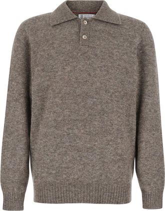 Brunello Cucinelli Taupe Brown Knitted Polo Sweater
