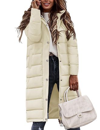 Heekpek Tuopuda Women Winter Quilted Puffer Coat Lightweight Long Down Hooded Jacket Zip Up Warm Winter Parka Coat Side Split Windproof Outerwear with Pockets