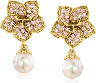 Ross-Simons 7-7.5mm Cultured Pearl and. Pink Sapphire Flower Drop Earrings in 18kt Gold Over Sterling