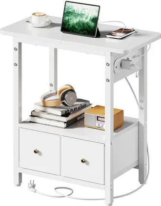 OEM Mesita De Noche - Ecofurnix - 2 Cajones De Tela - 2 Tomas De Corriente Y Puertos Usb - 60 X 30 X 60 Cm - Blanco